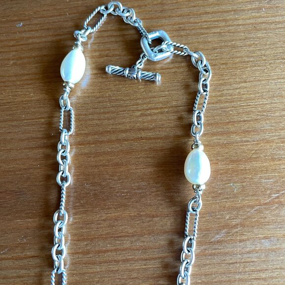 VTG David Yurman Figaro Chain Silver and Gold Pearl Necklace - 36 inches - Picture 9 of 16